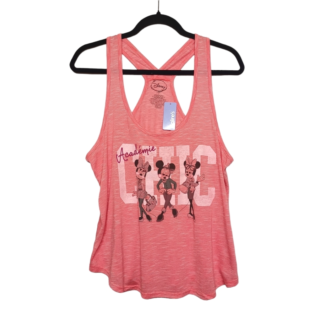 DISNEY Minnie Mouse Chic Print Pink White Sleeveless Racerback Top Large NWT